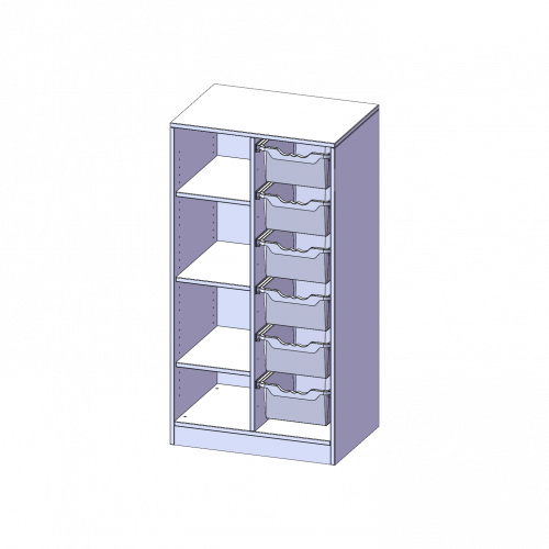 ErgoTray Regal, zweireihig, 3,5 Ordnerhöhen - evo180 Serie B/H/T: 70,3x136x50 cm, mit Sockel (81 mm), links 4 Fächer, rechts 6 hohe ErgoTray Boxen