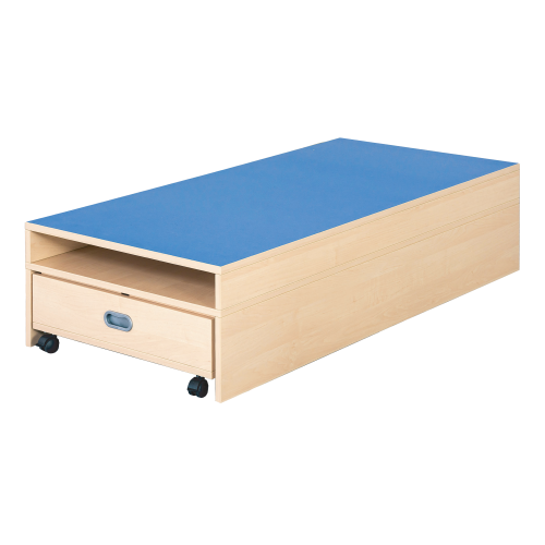 Rechteck-Podest mit Auszugsbett, Linoleum-Deckplatte B/T: 150x70 cm, Höhe wählbar, Auszugsbett für Liegepolster