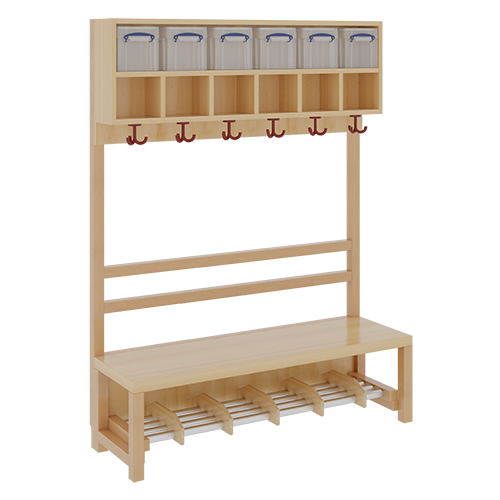 Komplettgarderobe mit doppelter Ablagereihe inklusive Boxen B/H/T: 120x158x39 cm, 6 Plätze, Sitzhöhe 34 cm, offene Stütze, Schuhrost aus Aluminiumrohren mit Trennungen