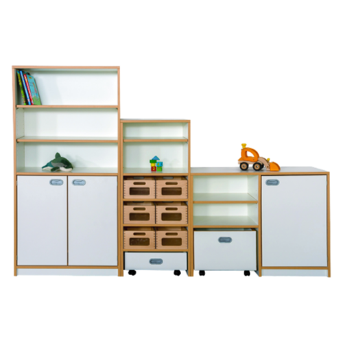 Fertigregalsystem in Korpusbauweise "Mara" B/H/T: 232x80/160x40 cm, Regalsystem mit verschiedenen Rollkästen und Massivholzschüben