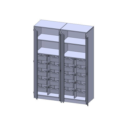 ErgoTray Schrank, zweiteilig, vierreihig, 5 Ordnerhöhen - evo180 Serie B/H/T: 140,6x190x50 cm, viertürig, zweiteilig, mit Sockel (81 mm), mit Mittelwand, mit 40 flachen ErgoTray Boxen