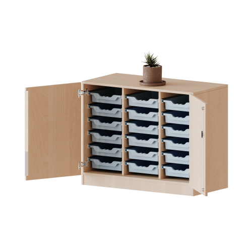 ErgoTray Schrank, dreireihig, 2 Ordnerhöhen - evo180 Serie Breite 104,5 cm, Gesamthöhe 82 cm, zweitürig, mit Sockel, mit 18 flachen ErgoTray Boxen