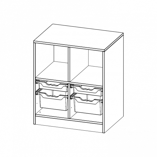 ErgoTray Regal, zweireihig, 2 Ordnerhöhen - evo180 Serie B/H/T: 70,3x82x50 cm, mit Sockel (81 mm), oben 2 Fächer, unten 2 flache und 2 hohe ErgoTray Boxen