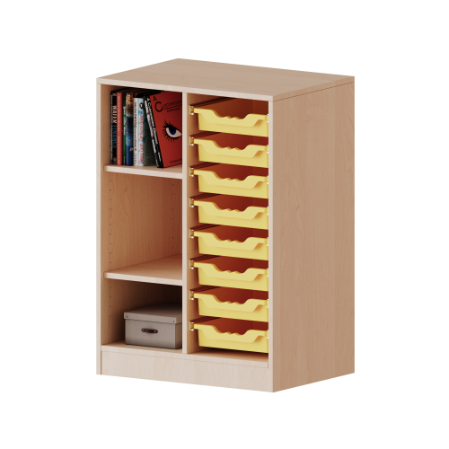 ErgoTray Regal, zweireihig, 2,5 Ordnerhöhen - evo180 Serie Breite 70,3 cm, Gesamthöhe 100 cm, mit Sockel, links 3 Fächer, rechts 8 flache ErgoTray Boxen ErgoTray Regal, zweireihig, 2,5 Ordnerhöhen - evo180 Serie Breite 70,3 cm, Gesamthöhe 100 cm, mit Sockel, links 3 Fächer, rechts 8 flache ErgoTray Boxen