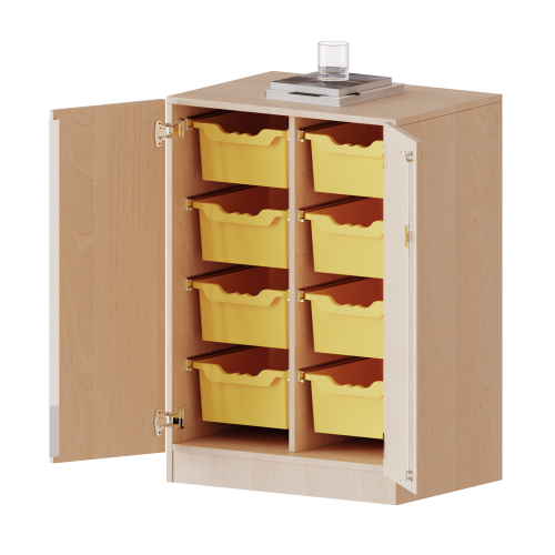 ErgoTray Schrank, zweireihig, 2,5 Ordnerhöhen - evo180 Serie Breite 70,3 cm, Gesamthöhe 100 cm, zweitürig, mit Sockel, mit 8 hohen ErgoTray Boxen