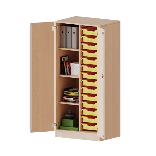 ErgoTray Schrank, zweireihig, 4 Ordnerhöhen - evo180 Serie B/H/T: 70,3x154x50 cm, zweitürig, mit Sockel (81 mm), mit 14 flachen ErgoTray Boxen ErgoTray Schrank, zweireihig, 4 Ordnerhöhen - evo180 Serie B/H/T: 70,3x154x50 cm, zweitürig, mit Sockel (81 mm), mit 14 flachen ErgoTray Boxen