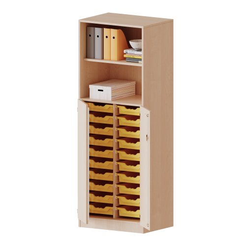ErgoTray Kombi-Schrank, zweireihig, 5 Ordnerhöhen - evo180 Serie B/H/T: 70,3x190x50 cm, 3 OH unten mit Türen und 20 flachen ErgoTray Boxen, oben 2 OH Regal, mit Sockel (81 mm)